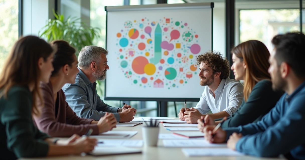 Equipe de trabalho reunida em sala moderna, olhando para quadro com gráficos coloridos