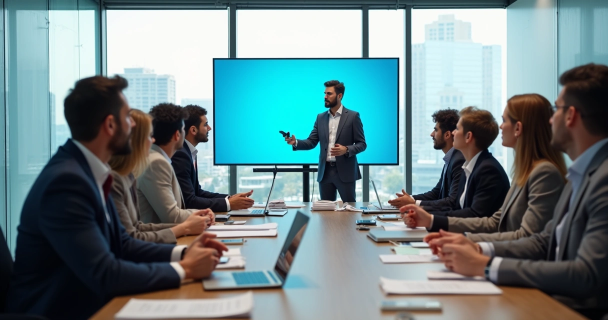 Equipe em uma sala de reunião, com expressões neutras, olhando para uma apresentação de slides 