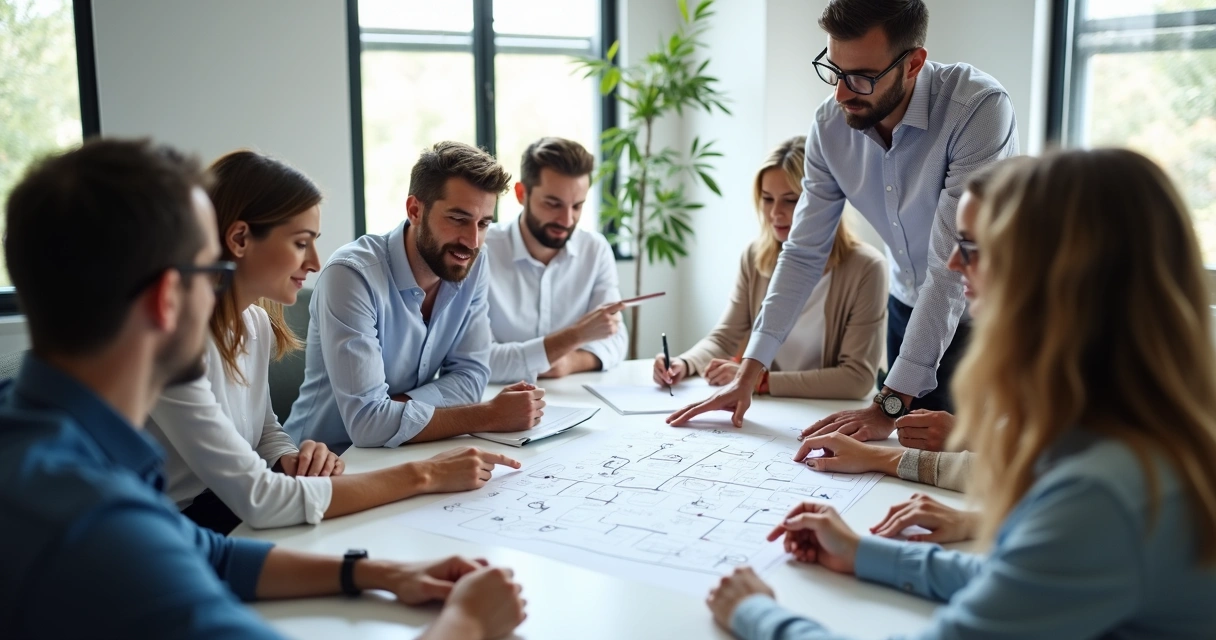 Equipe de trabalho reunida analisando dinâmicas em volta de uma mesa
