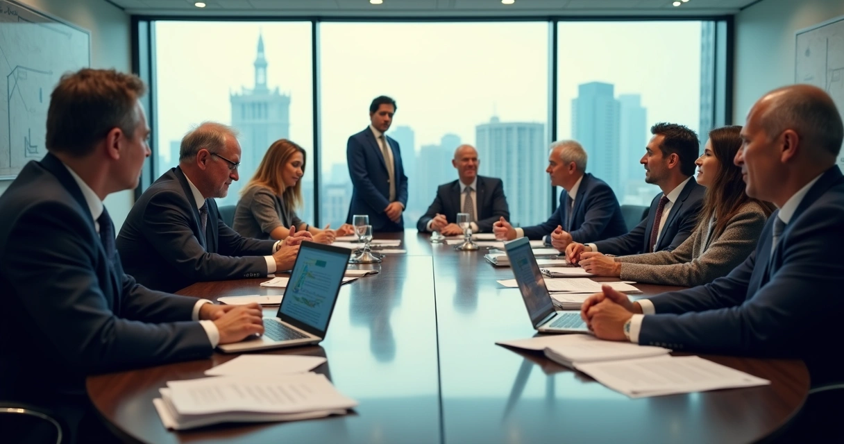 Reunião de equipes de transição em mesa redonda com documentos e computadores