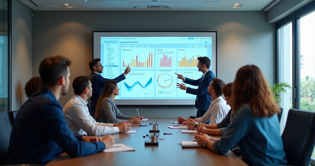 Pessoas em volta de tela interativa sendo treinadas em ferramenta de BI 