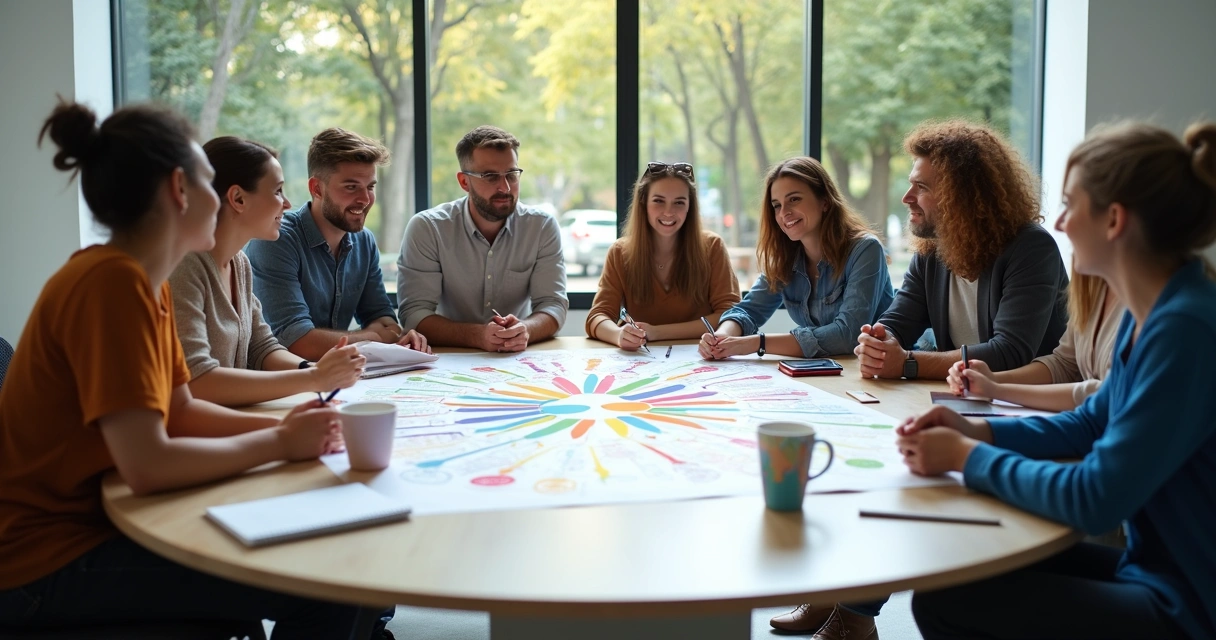 Membros de equipe em mesa redonda trocando ideias e planejando 