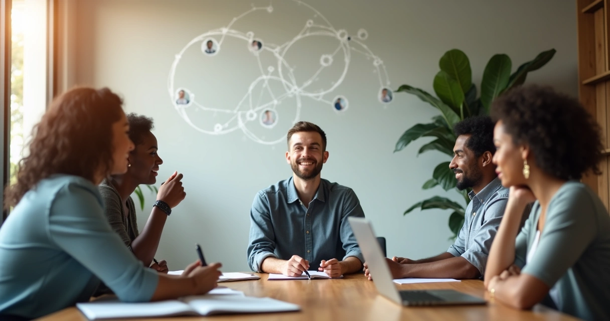 Equipe em reunião de trabalho com foco em apoio e validação mútua 