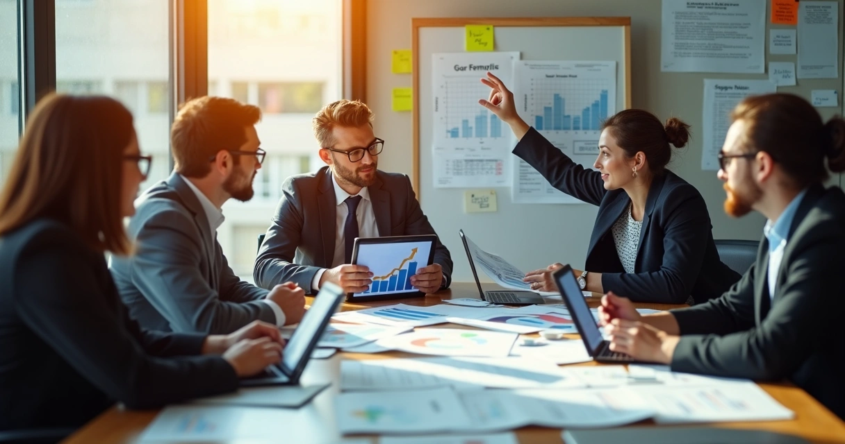 Equipe de vendas reunida analisando dados em sala de reunião 