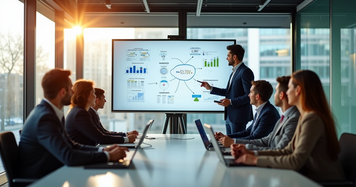 Equipe de vendas reunida em sala de treinamento moderno 