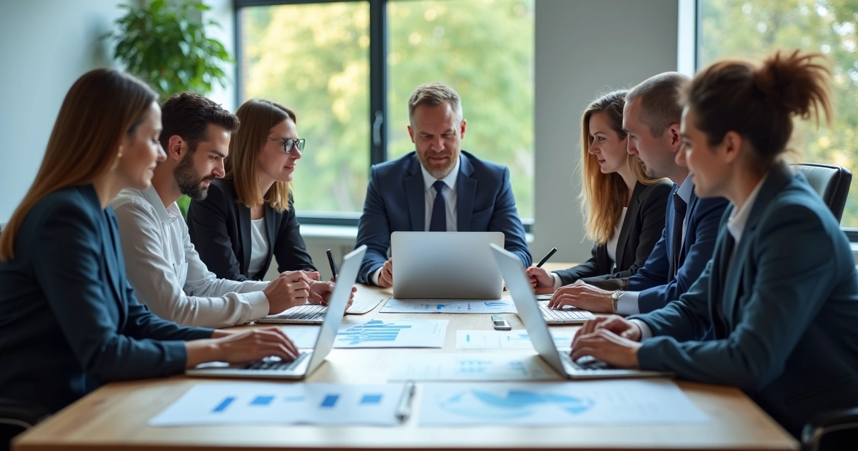 Equipe reunida ao redor de uma mesa analisando dados de vendas em notebooks e gráficos. 