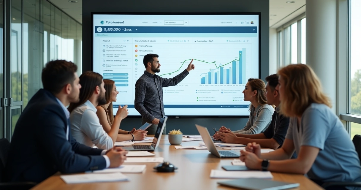 Equipe de vendas reunida analisando dados no CRM 