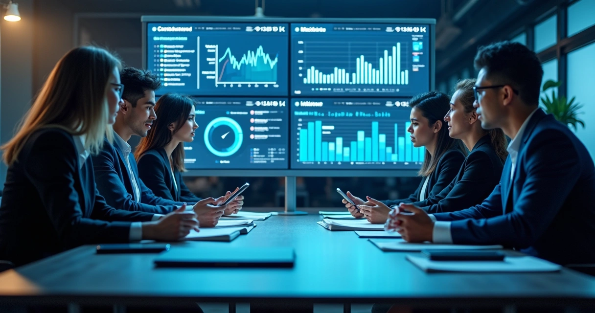 Equipe de vendas em uma reunião analisando dados em telas. 