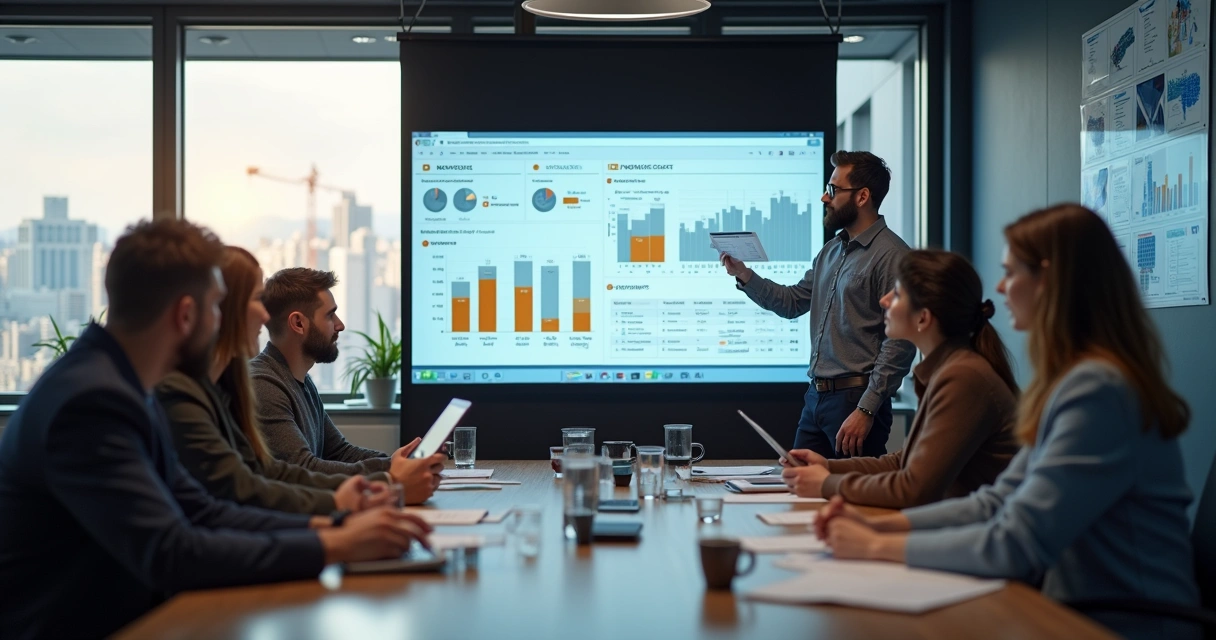 Equipe de vendas B2B em reunião analisando dados 