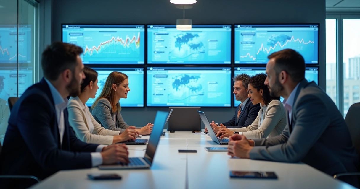 Equipe de vendas em reunião com computadores e telas de dados 