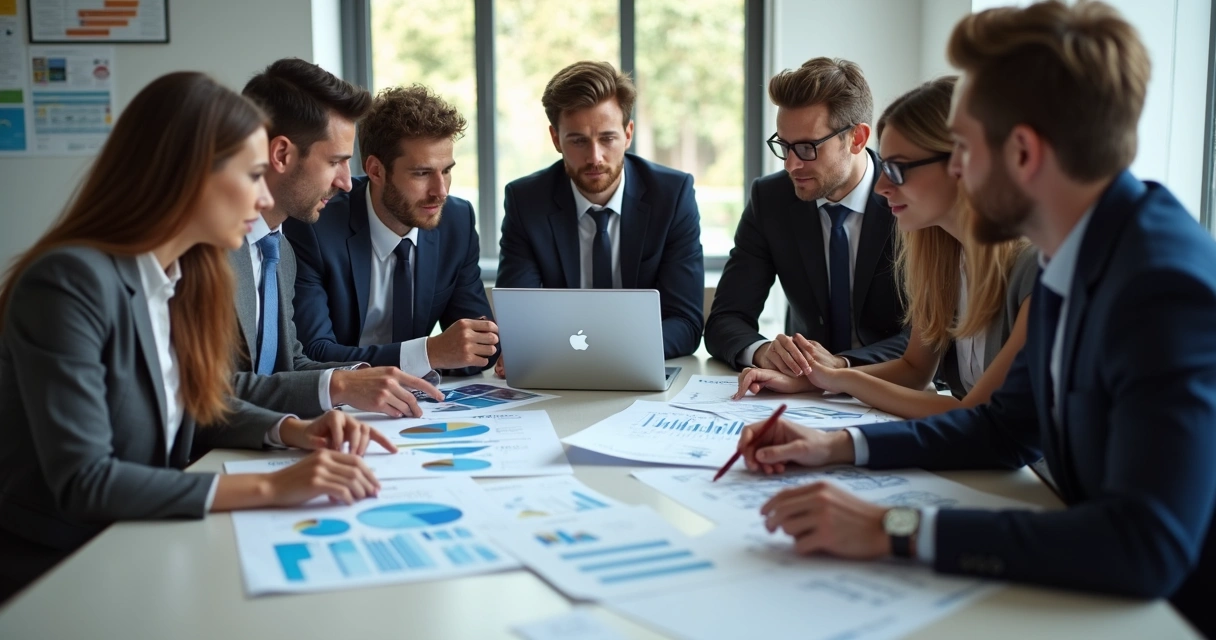 Equipe de vendas reunida analisando estratégias baseadas em dados validados 