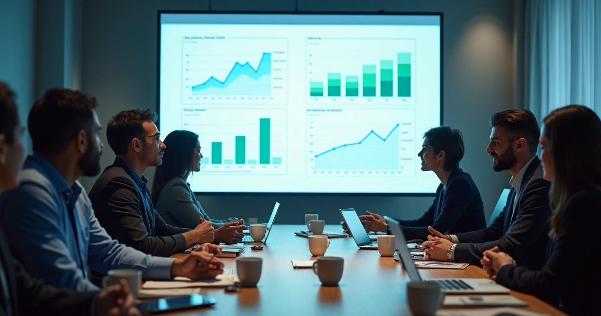 Equipe reunida com projeção de dashboard de vendas na parede 
