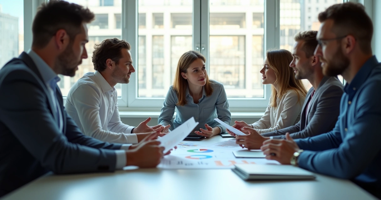 Equipe integrada em reunião comercia e marketing