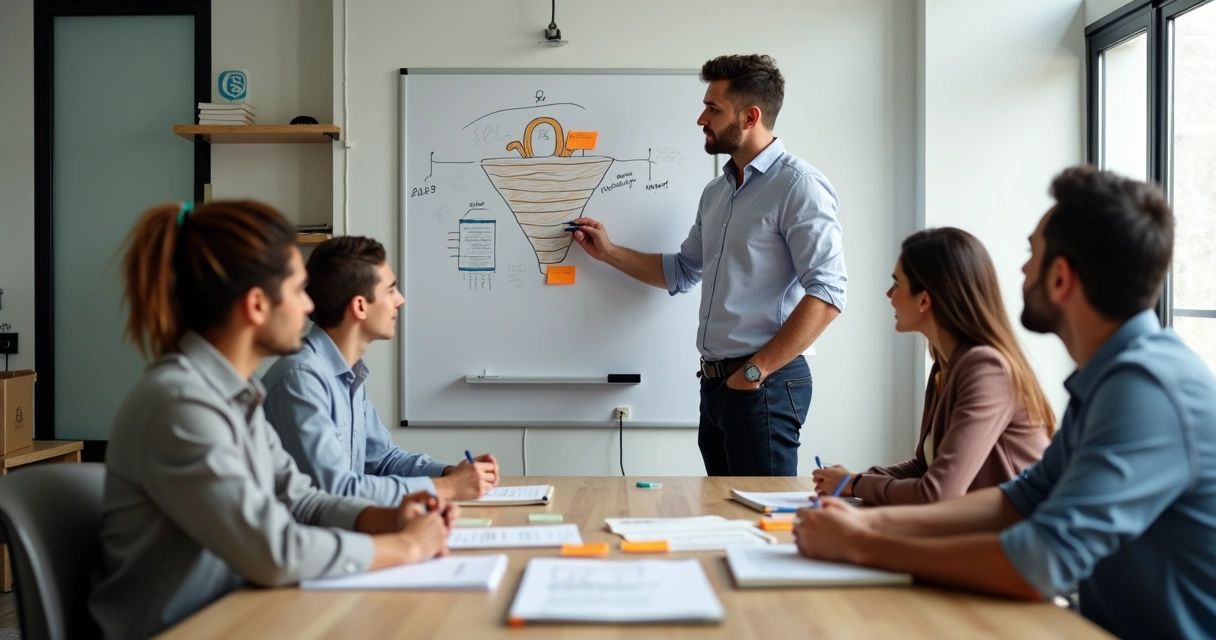 Gestor conduz reunião de equipe de vendas em pequena empresa ao redor de mesa com anotações e gráficos manuais 