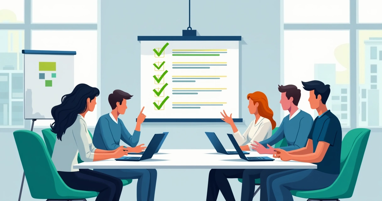 Equipe reunida verificando checklist em sala de reunião
