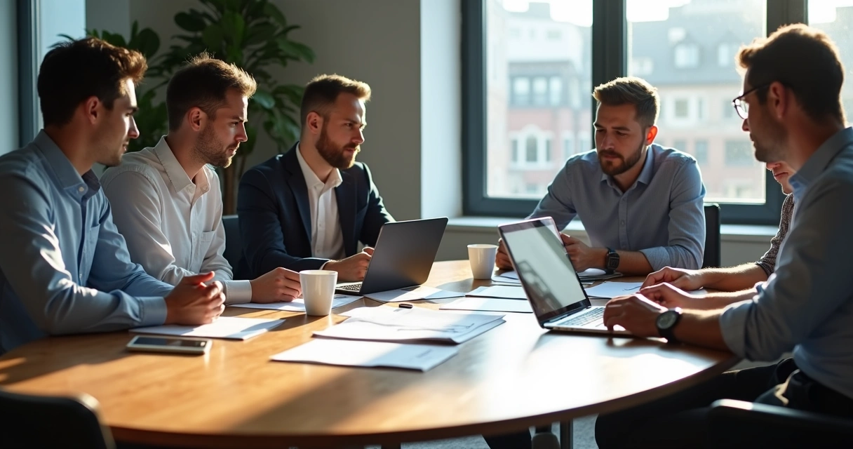 Equipe de agência de viagens discutindo relatórios financeiros em mesa oval 