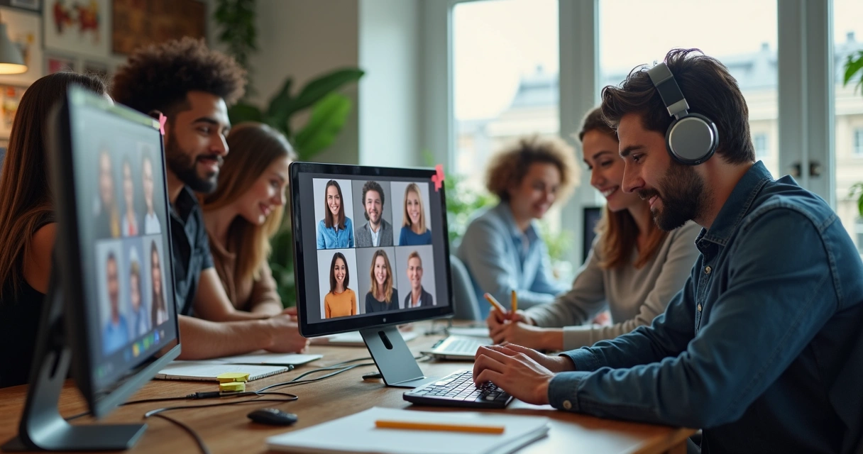 Colegas de equipe participando de videoconferência em ambiente de trabalho remoto 