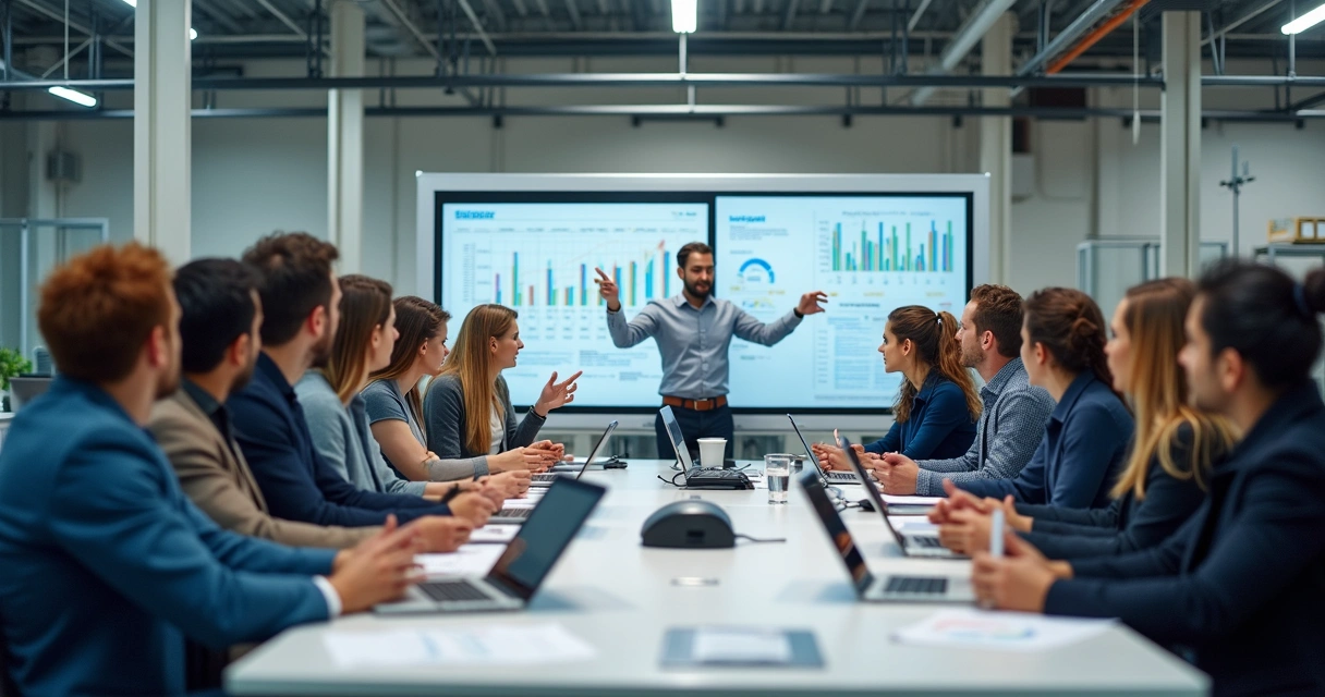 Reunião de equipes de produção, vendas e marketing ao redor de uma mesa 