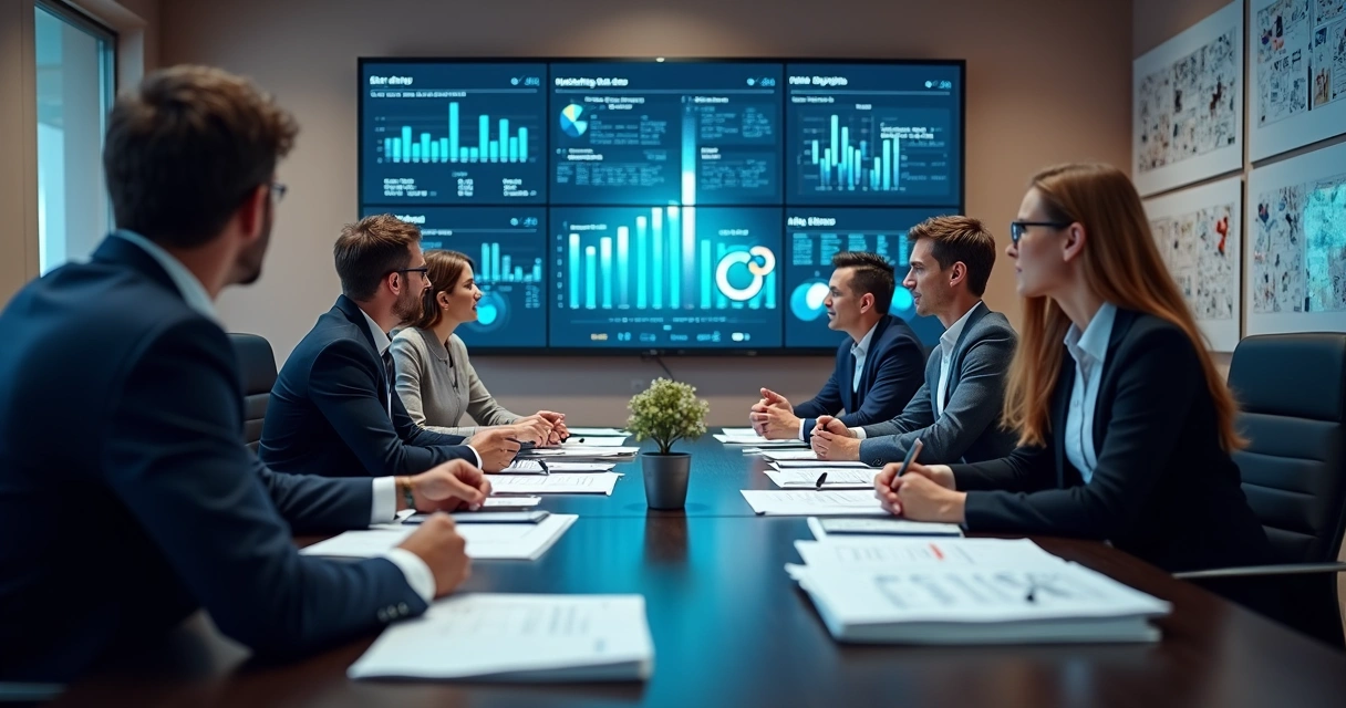 Equipe de marketing e equipe de vendas alinhando estratégias em reunião 