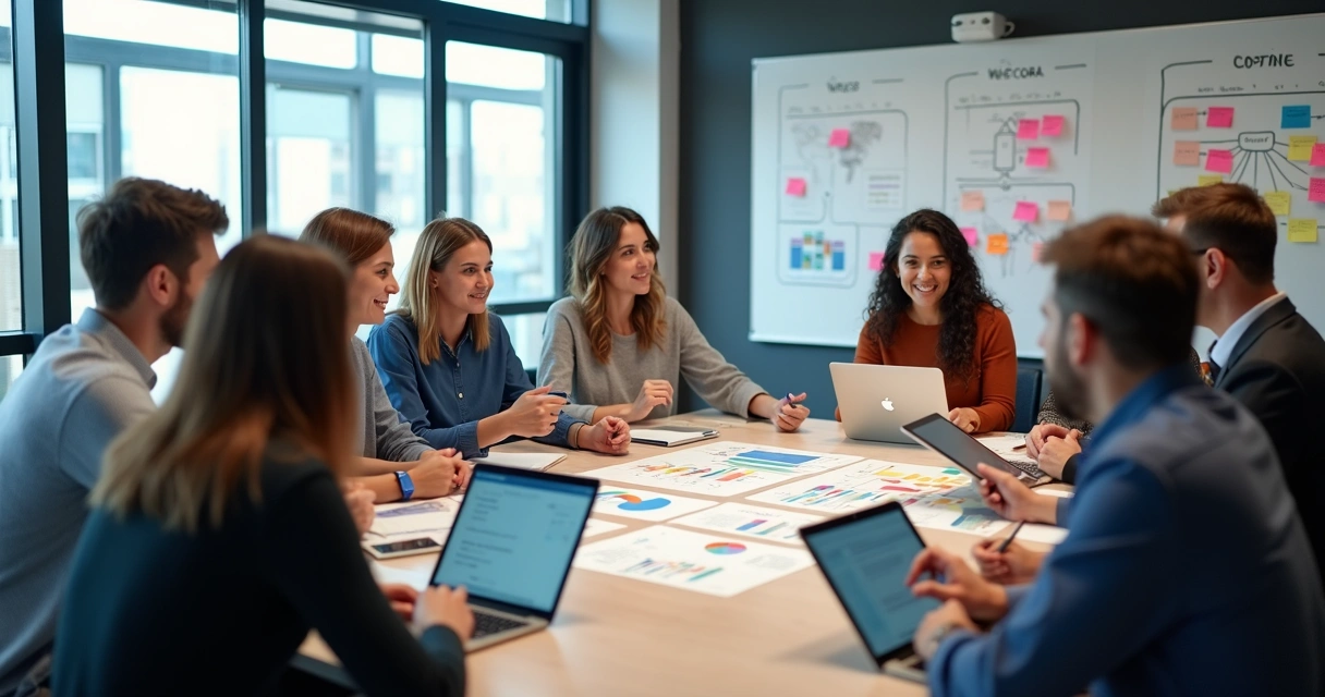 Reunião entre equipes de marketing e vendas trabalhando em conjunto em uma mesa de escritório