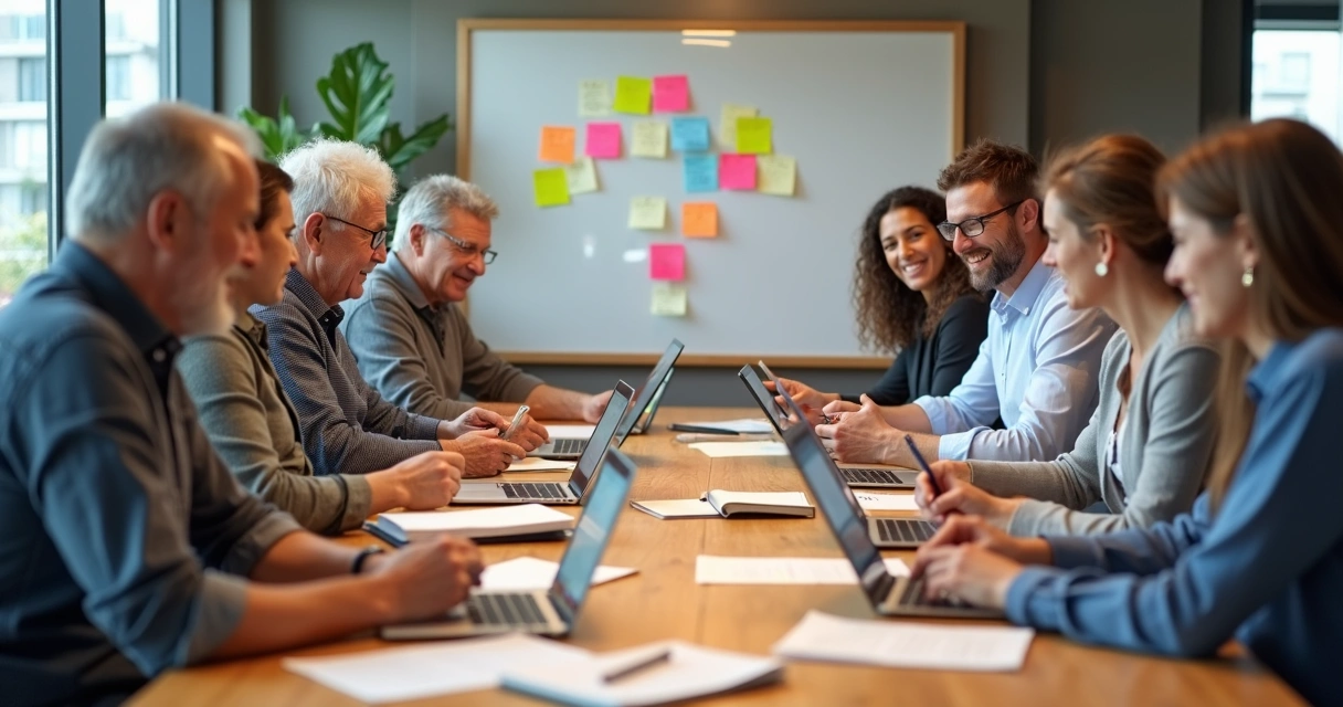 Equipe de diferentes idades sentada em uma mesa de reunião discutindo ideias 
