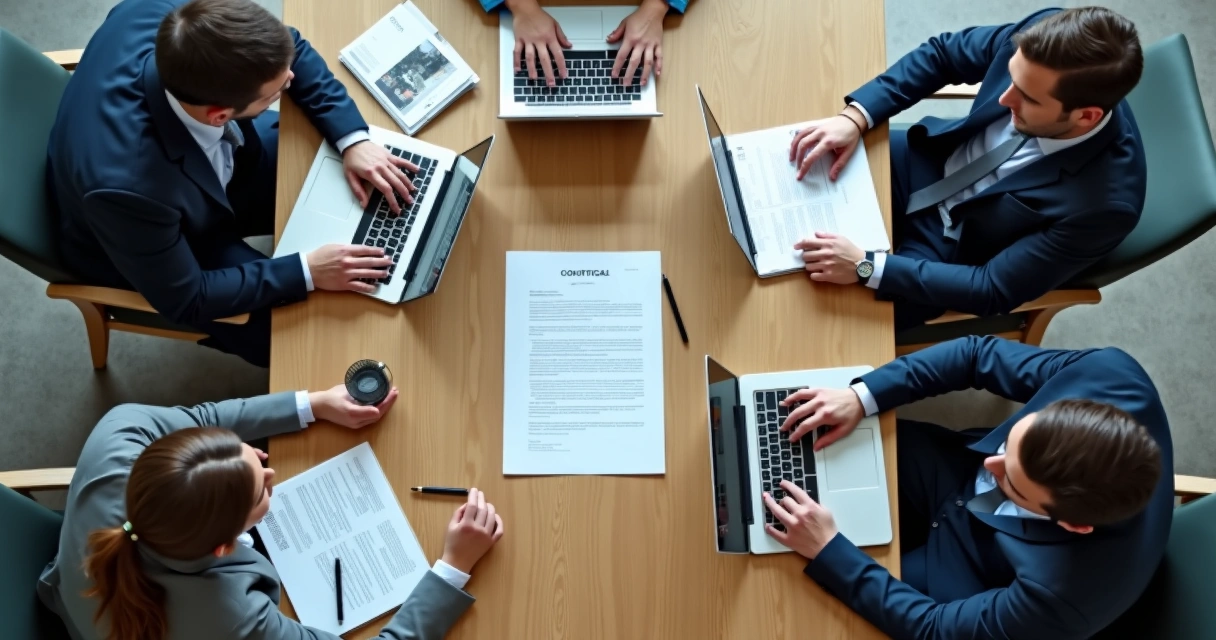 Reunião entre duas equipes empresariais em negociação, laptops e papéis à mesa 