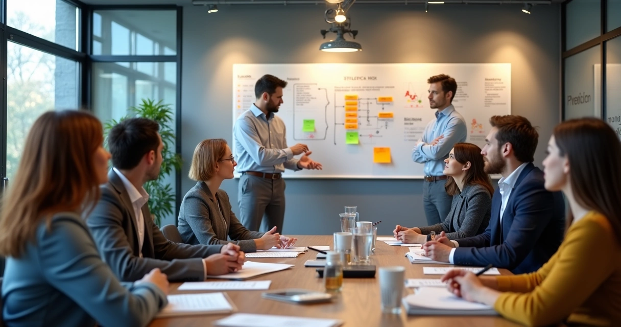 Reunião de equipe de inovação discutindo riscos éticos 