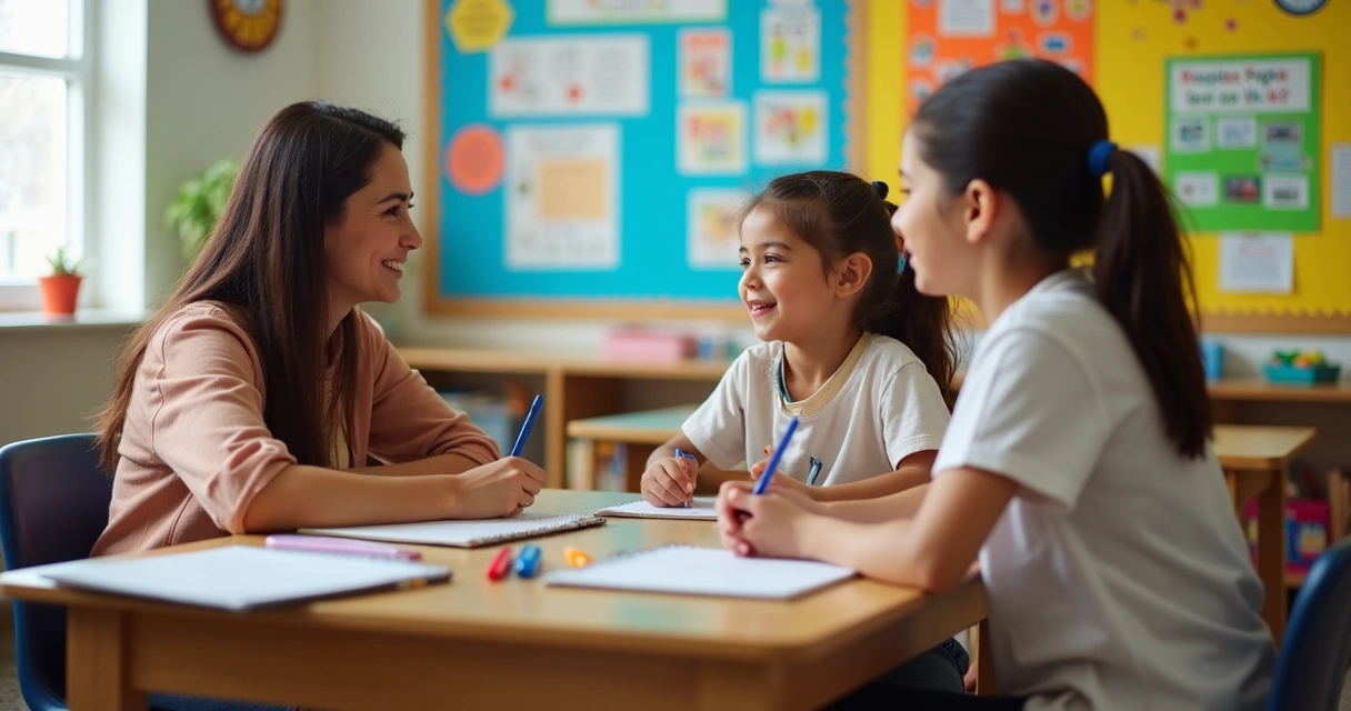 Responsáveis e professora conversando sobre rotina escolar de uma criança em sala de aula 