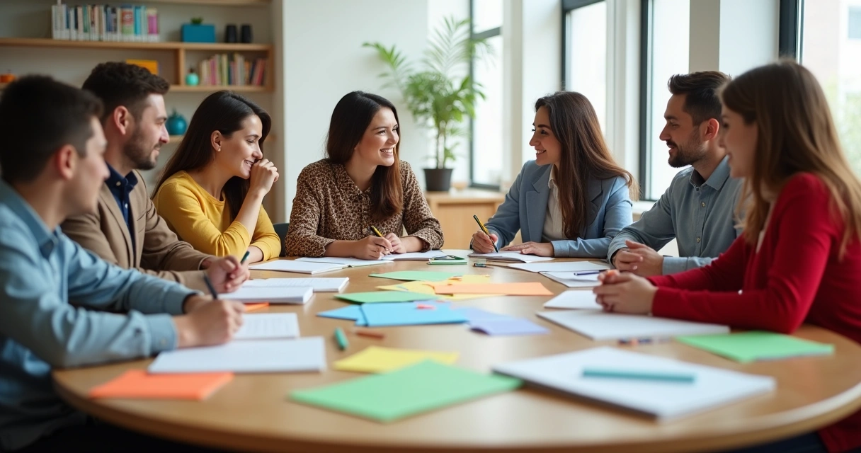 Reunião de pais e equipe escolar em mesa redonda com materiais escolares