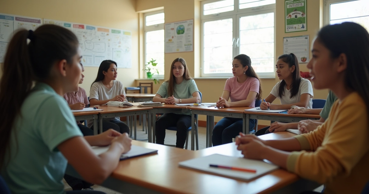 Reunião escolar com professores e alunos em círculo 