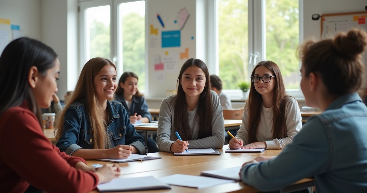 Professores e alunos em roda de conversa na escola