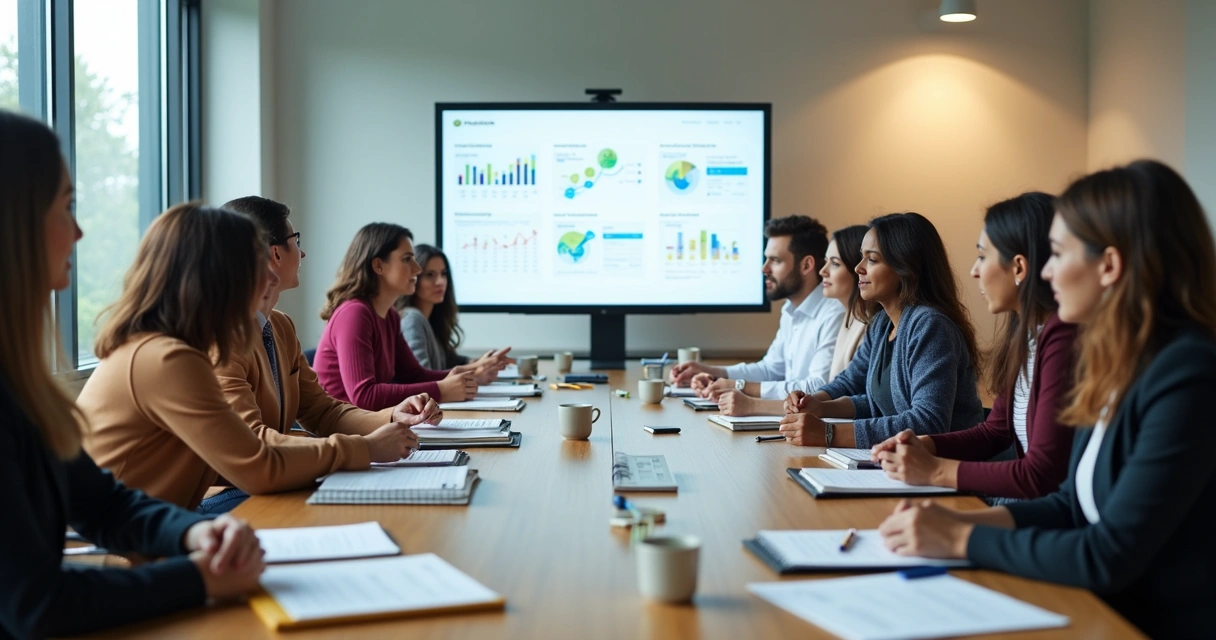 Equipe escolar analisando indicadores em reunião