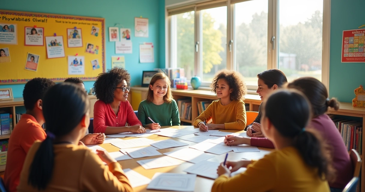 Professores em reunião escolar planejando a implementação do Inventário Portage Operacionalizado.
