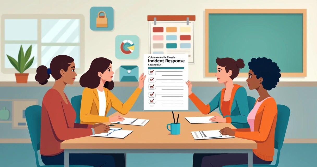 Equipe escolar reunida com checklist de protocolo 