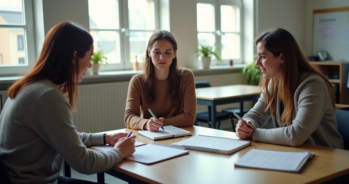 Educadores em reunião breve com foco e escuta 