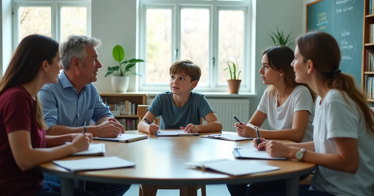 Reunião escolar com família e educadores em conversa reflexiva 