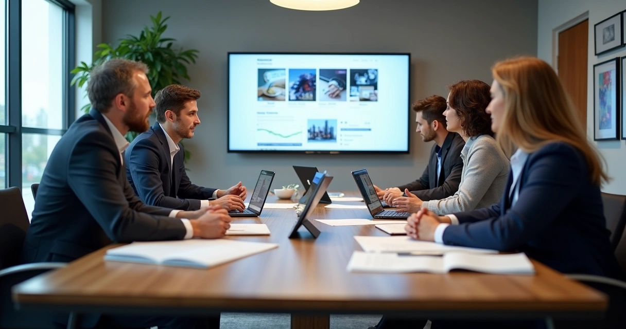 Reunião de diretoria discutindo proposta de agência premium 