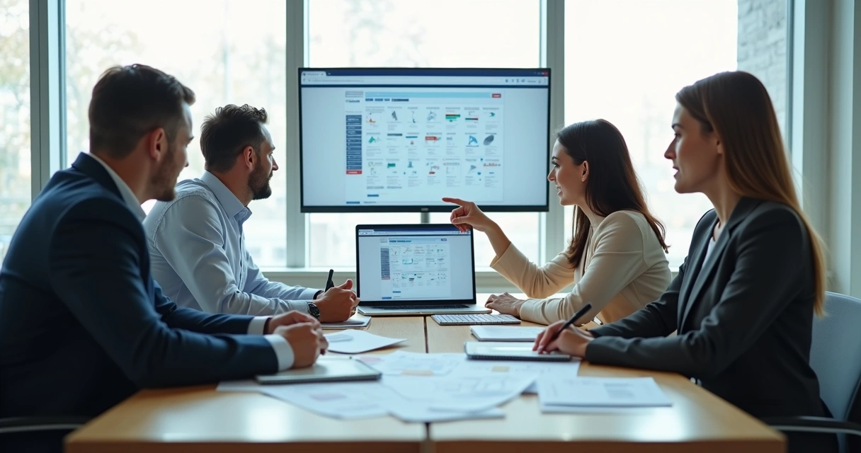 Gestores reunidos avaliando sistema ERP em notebook