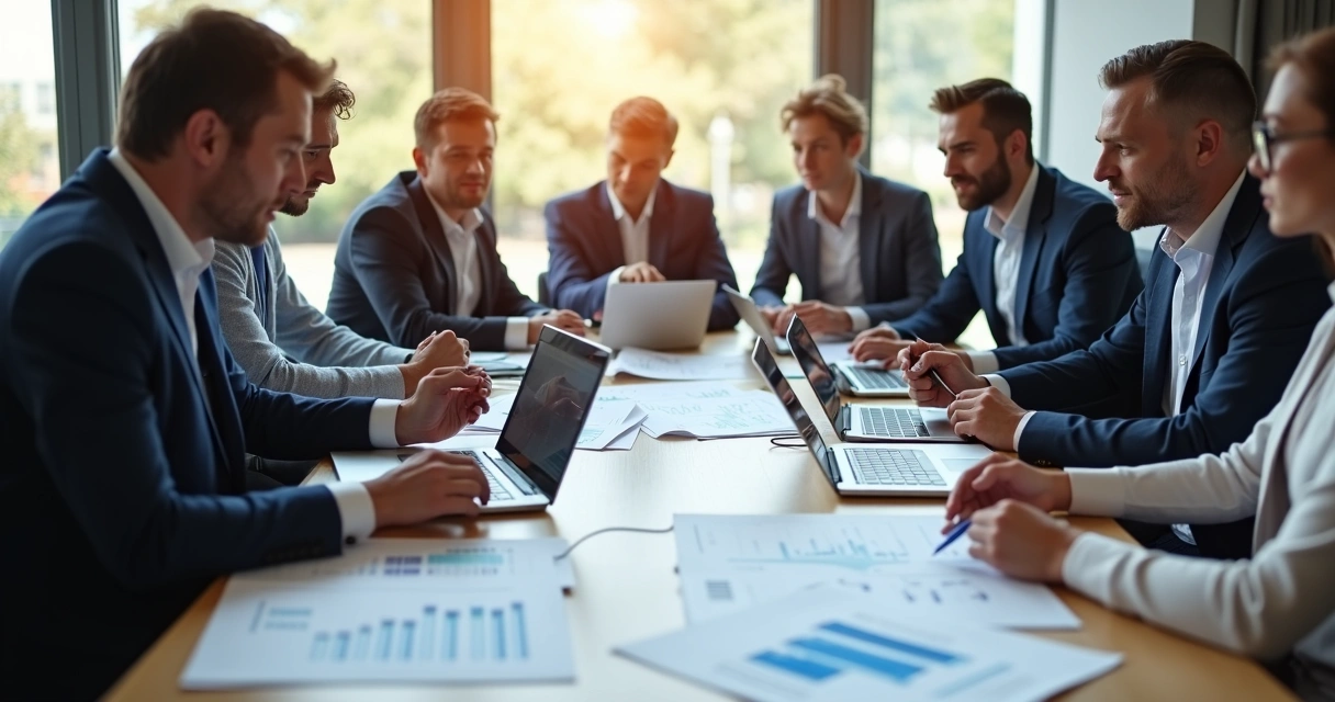 Gestores de PME analisando opções de sistema ERP em uma reunião, discutindo documentos e planilhas 