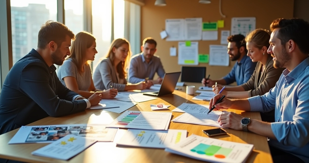 Profissionais de campanha avaliando fornecedores eleitorais em mesa de reunião 