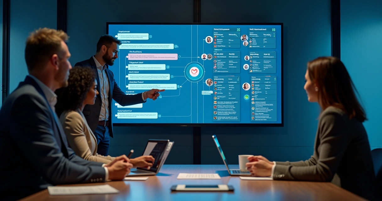 Gestores em reunião avaliando integração entre chatbot e sistema ERP em tela gigante 