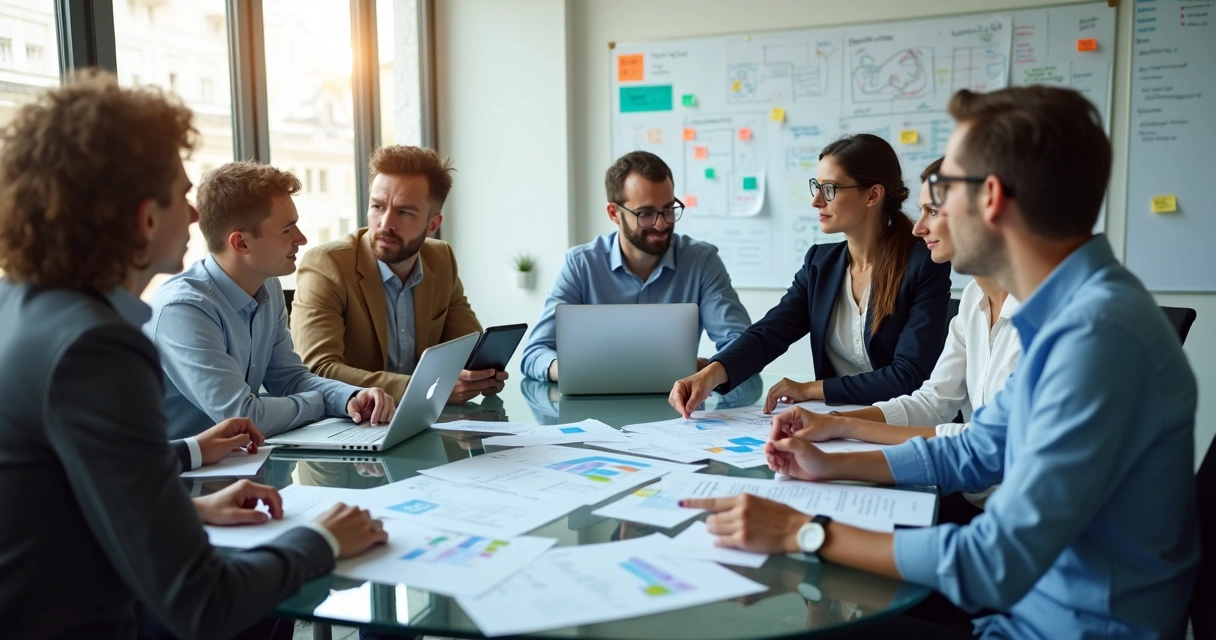 Equipe reunida em uma mesa analisando fornecedores de tecnologia com tablets e computadores 