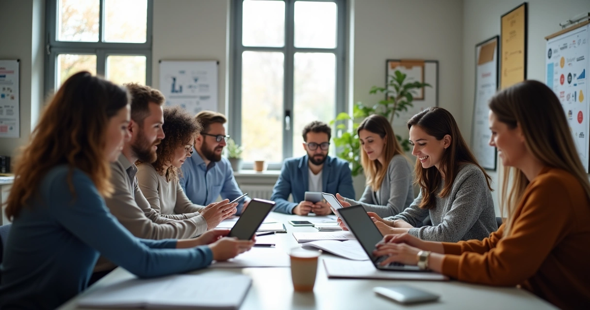 Empresários analisando portfólio e propostas de agência 