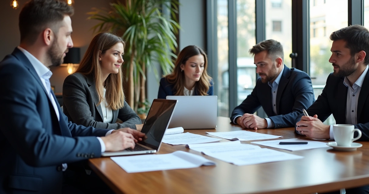 Equipe de negócios avaliando propostas de assessorias de imprensa em reunião 