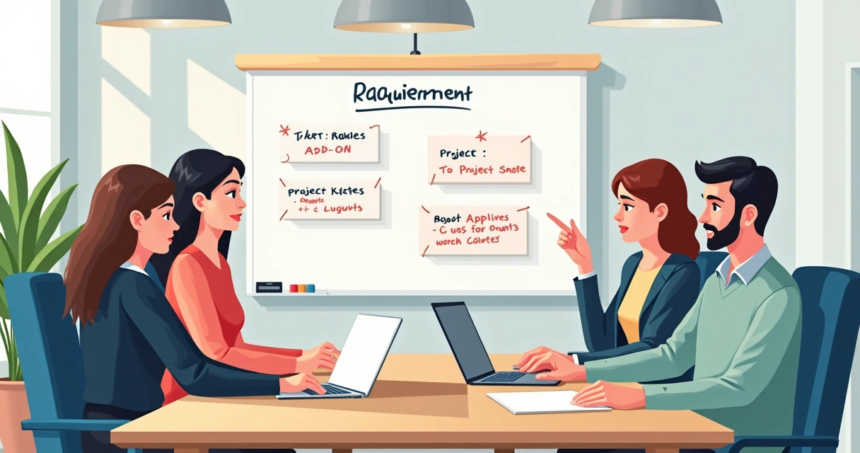 Equipe em reunião discutindo projeto com quadro branco 