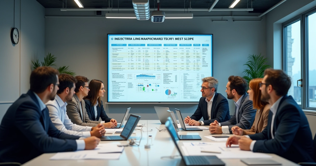 Equipe técnica revisando escopo de parada em sala de planejamento 