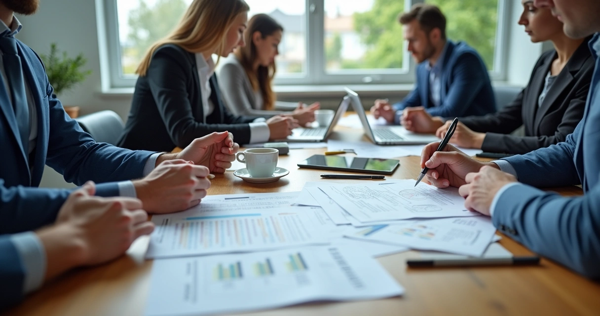 Reunião de profissionais de contabilidade revisando tarefas e documentos na mesa 