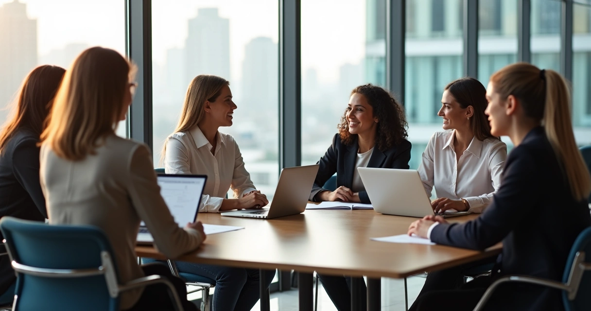 Mulheres e homens reunidos em mesa de escritório moderna 