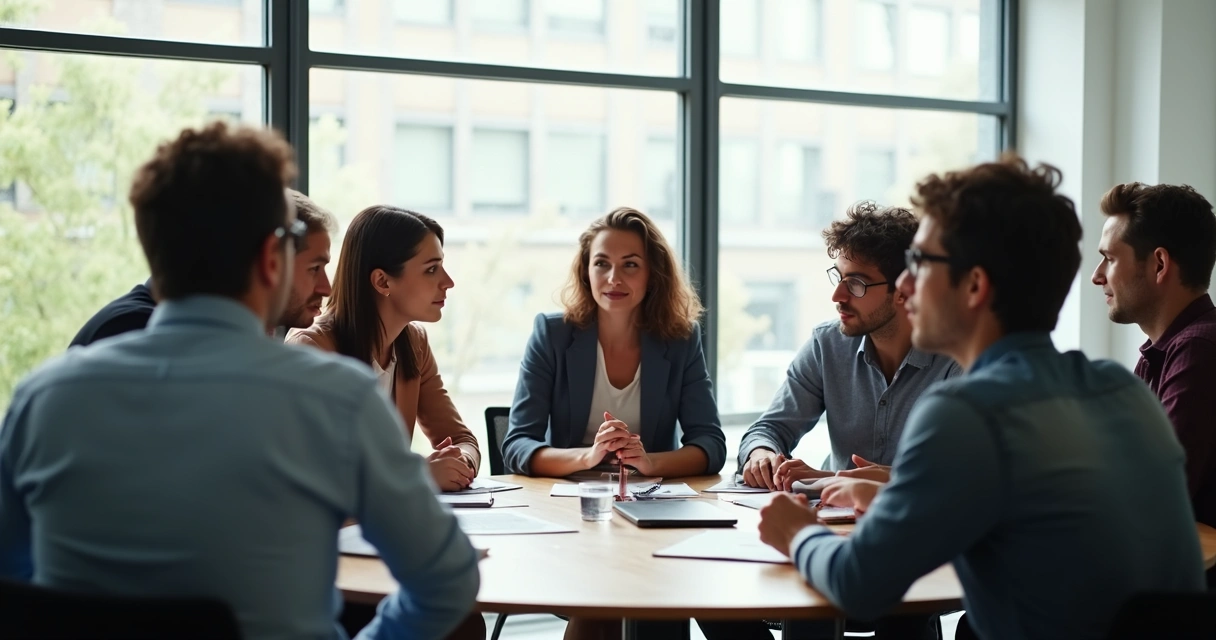 Equipe de trabalho em mesa redonda ouvindo atentamente um colega 