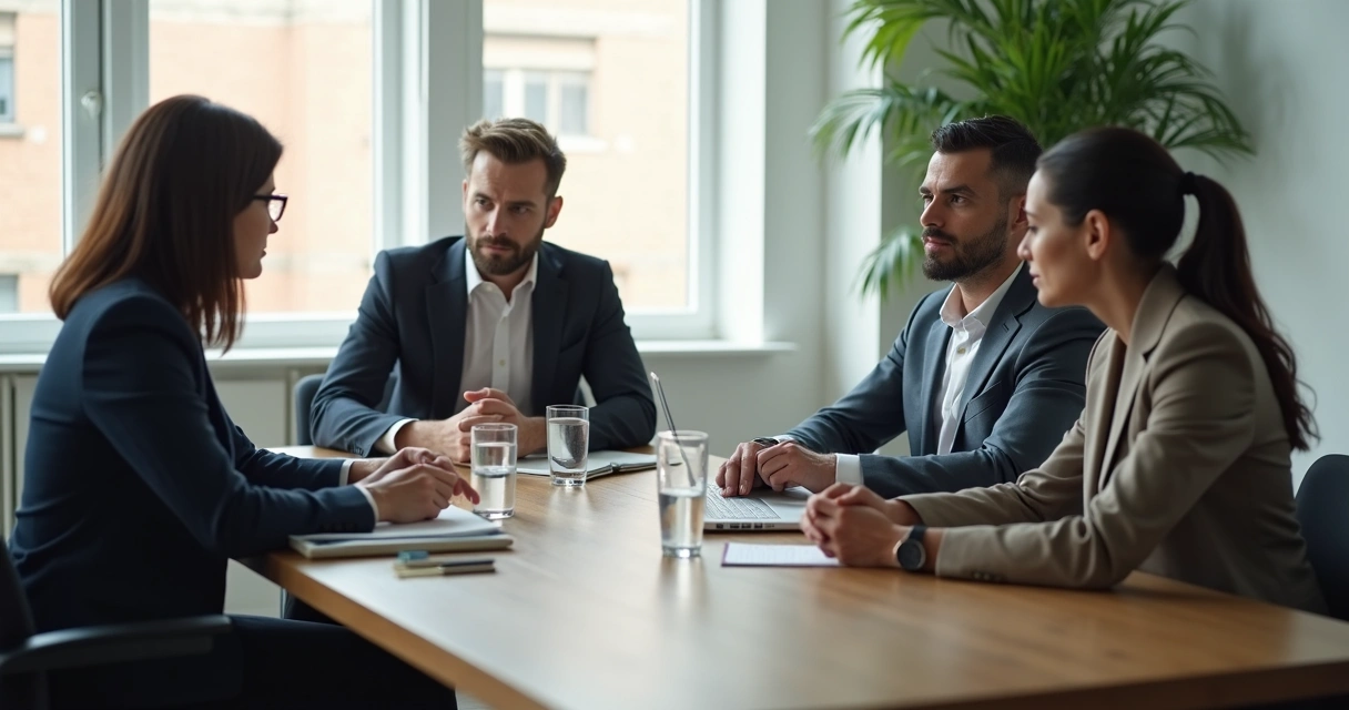 Pessoas em reunião com escuta atenta e ambiente corporativo sóbrio 